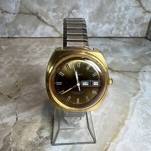 Vtg 1970s TIMEX 38mm Automatic Day Date Gold Men's Watch 47960 03376 WORKS